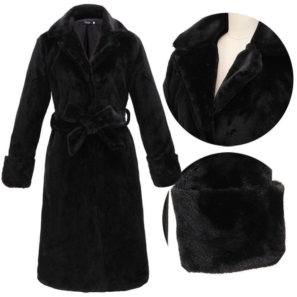 Black Artificial Fur Women Long Trenchcoats for Winter-Outerwear-Black-S-Free Shipping Leatheretro