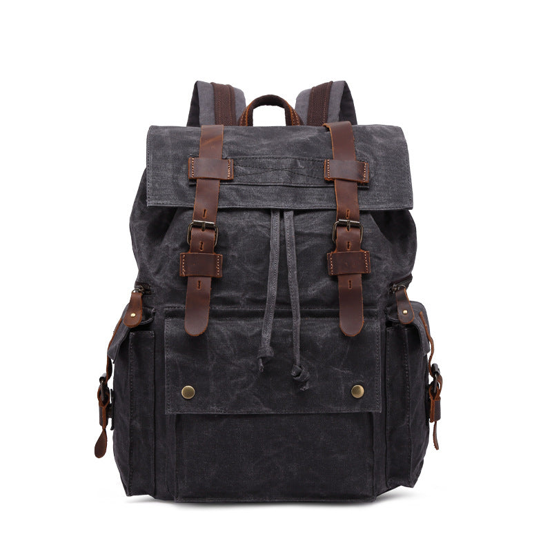 Men Waterproof Leather Canvas Outdoor Backpack 5358-Leather Canvas Backpack-Gray-Free Shipping Leatheretro