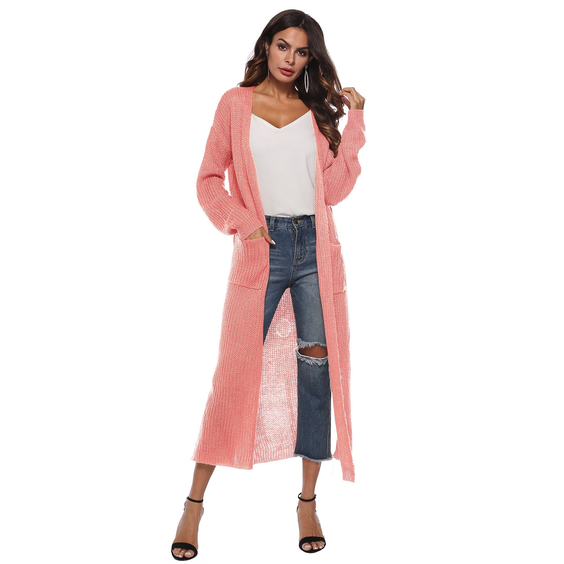 Casual Women Knitting Cardigan Overcoat with Pocket-Outerwear-Pink-S-Free Shipping Leatheretro