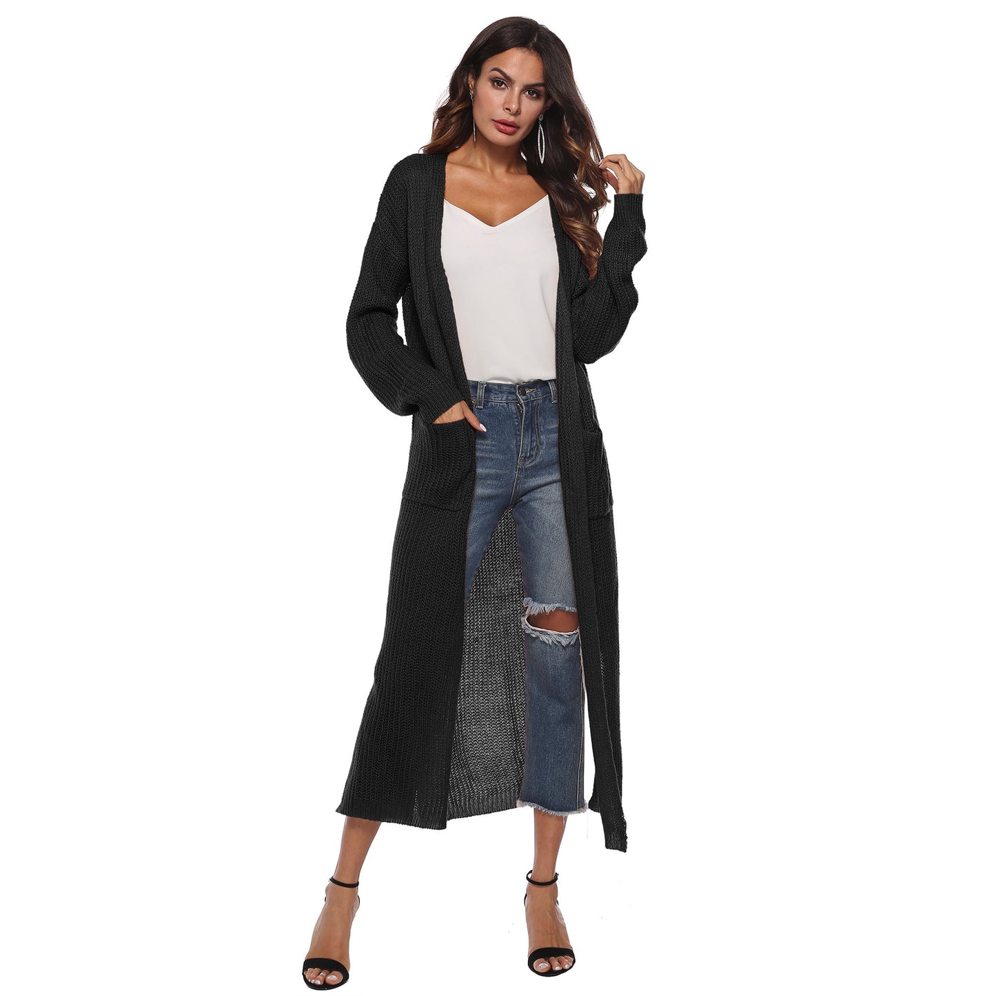 Casual Women Knitting Cardigan Overcoat with Pocket-Outerwear-Black-S-Free Shipping Leatheretro