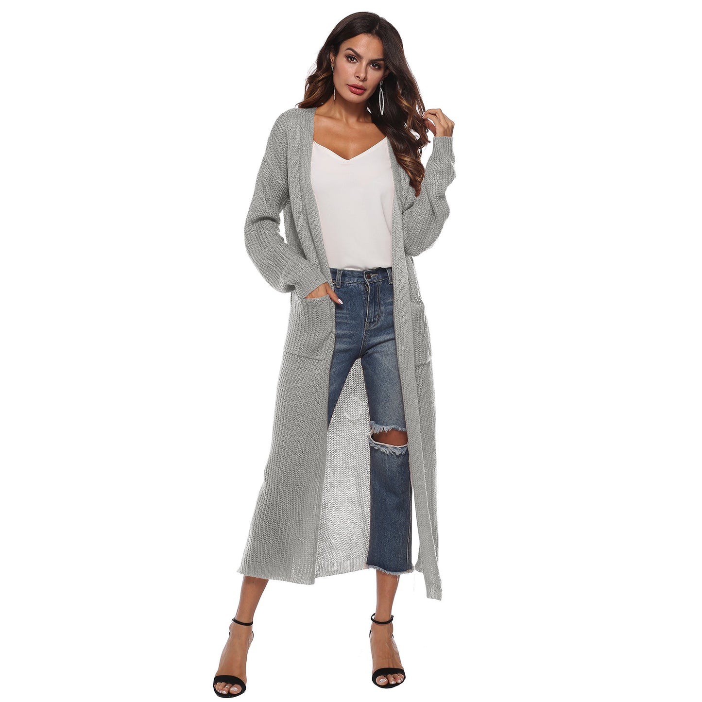 Casual Women Knitting Cardigan Overcoat with Pocket-Outerwear-Gray-S-Free Shipping Leatheretro