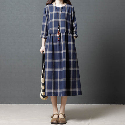 Vintage Linen Plaid Women Plus Sizes Long Dresses-Dresses-The same as picture-XL-Free Shipping Leatheretro