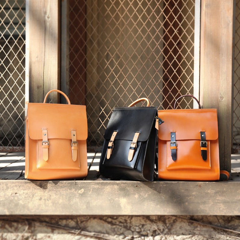 Hanmade Vegetable Tanned Leather Backpack for Women-Backpacks-Black-Free Shipping Leatheretro