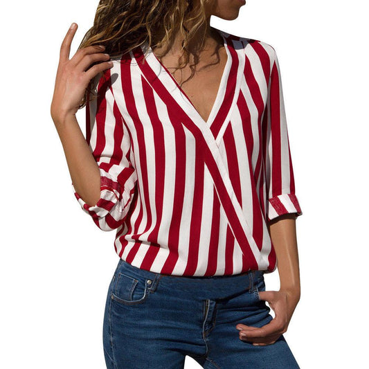 Women Long Sleeves V Neck Shirt Blouses-Blouses-Red-S-Free Shipping Leatheretro