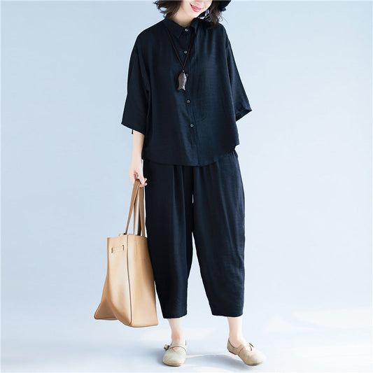 Casual Linen Plus Sizes Two Pieces Shirts and Pants-Suits-Black-One Size-Free Shipping Leatheretro