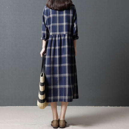 Vintage Linen Plaid Women Plus Sizes Long Dresses-Dresses-The same as picture-XL-Free Shipping Leatheretro