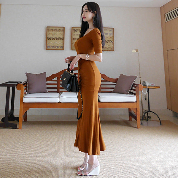 Sexy Square Neckline Long Dresses for Women-Dresses-Orange-S-Free Shipping Leatheretro