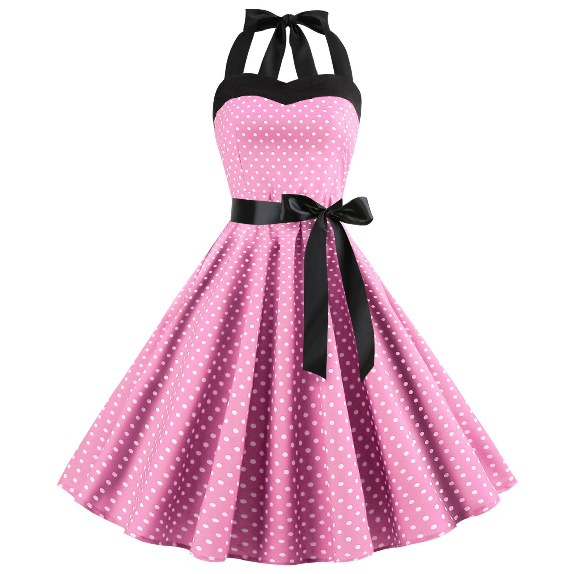 Summer Halter Dot Print Strapless Retro Dresses-Vintage Dresses-Pink-S-Free Shipping Leatheretro
