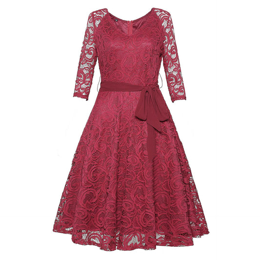 Vintage Round Neck Elegant Lace Dresses-Dresses-Wine Red-XS-Free Shipping Leatheretro