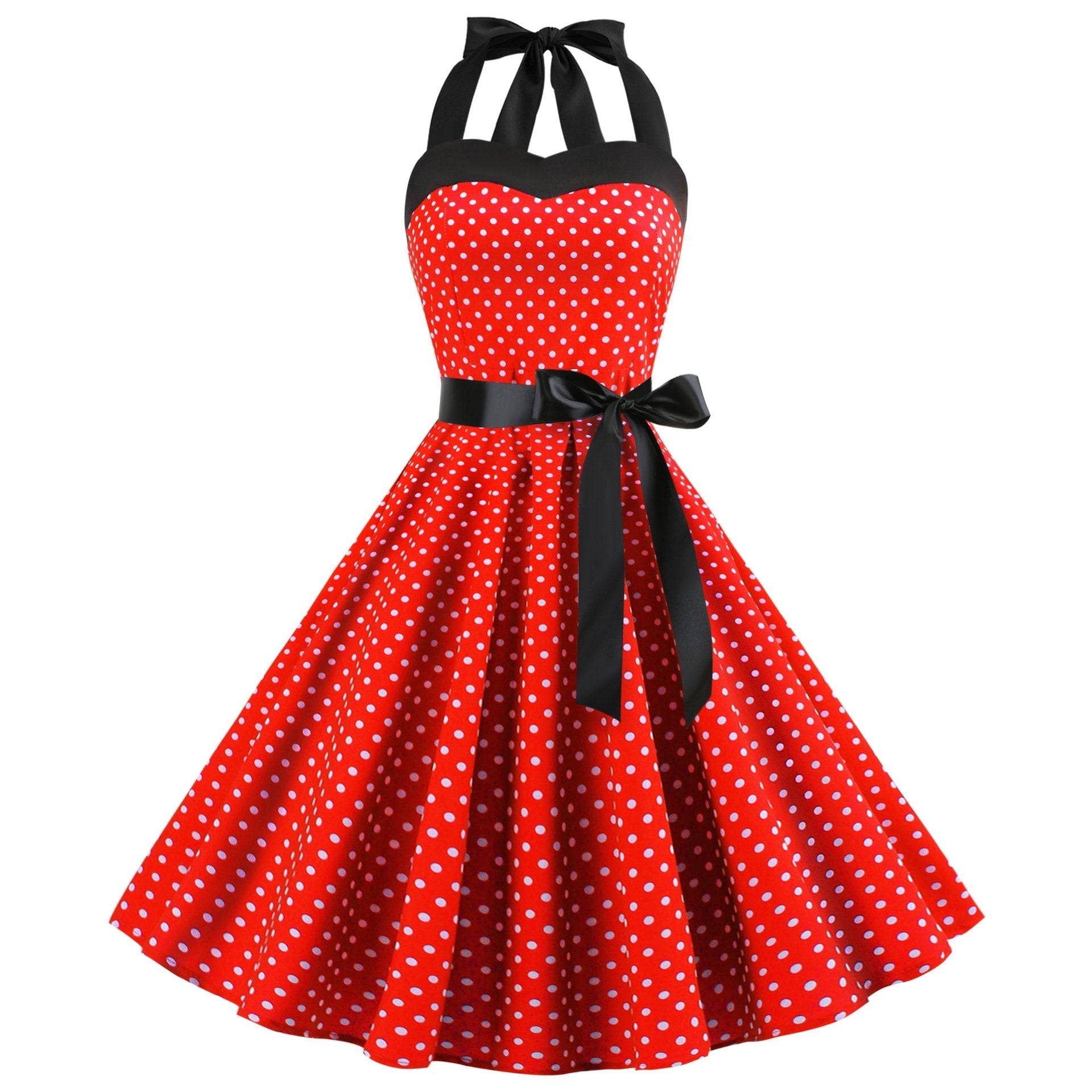 Summer Halter Dot Print Strapless Retro Dresses-Vintage Dresses-Red-S-Free Shipping Leatheretro