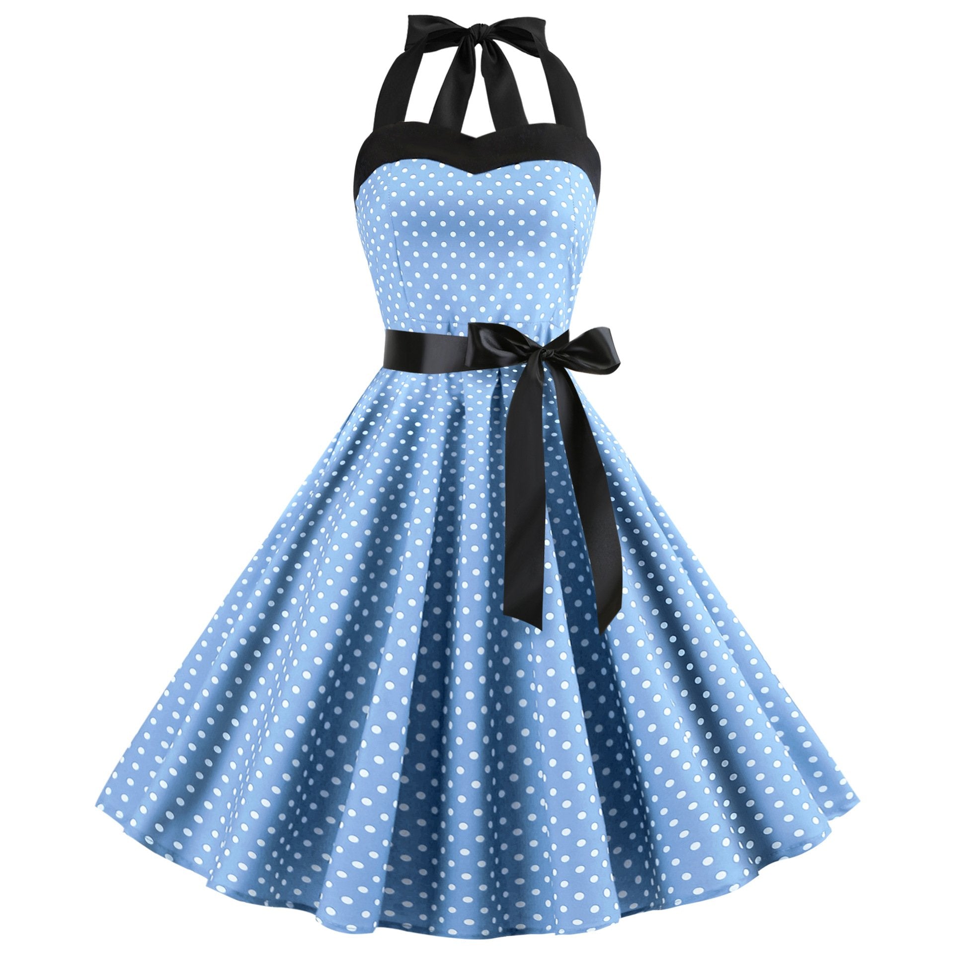 Summer Halter Dot Print Strapless Retro Dresses-Vintage Dresses-Light Blue-S-Free Shipping Leatheretro