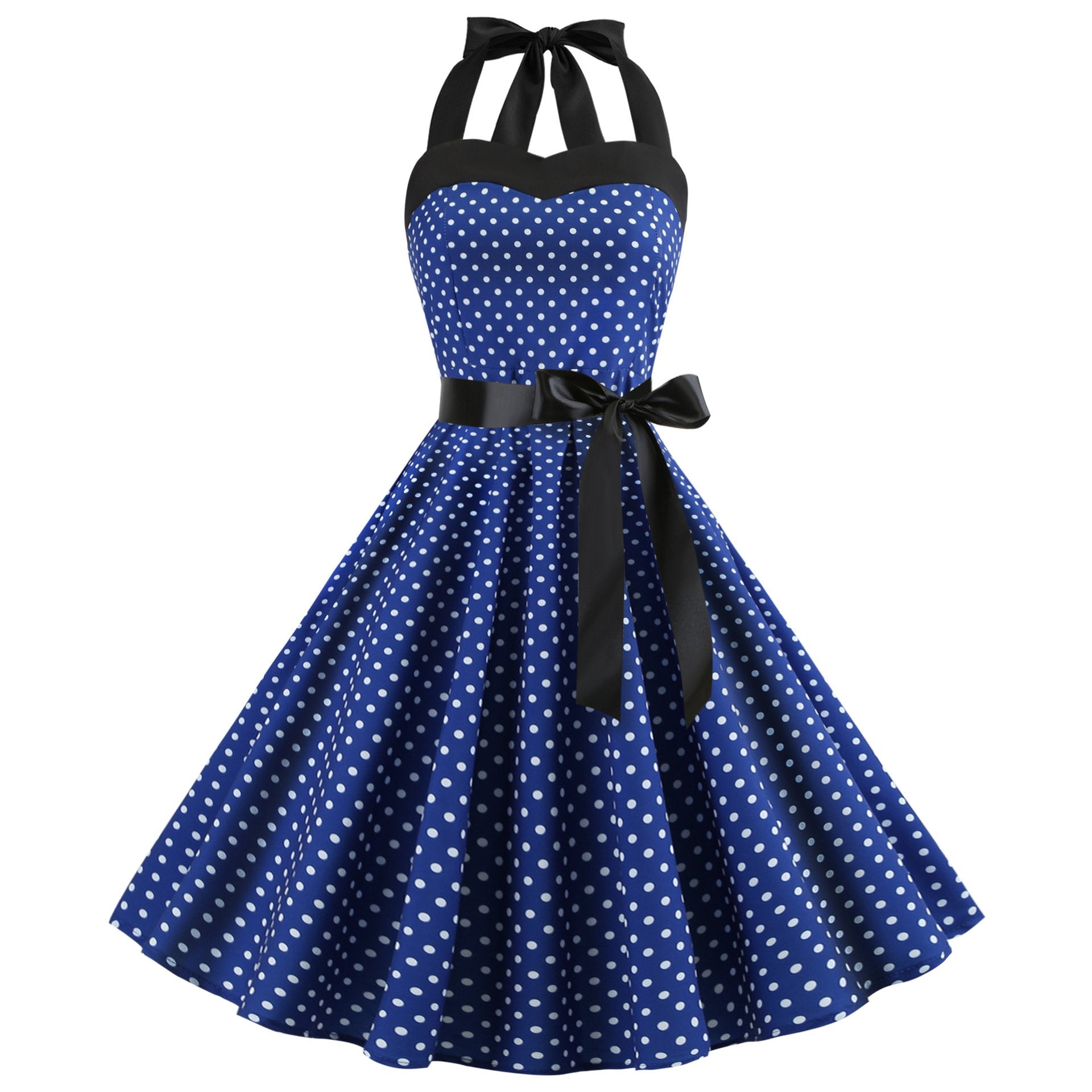 Summer Halter Dot Print Strapless Retro Dresses-Vintage Dresses-Dark Blue-S-Free Shipping Leatheretro