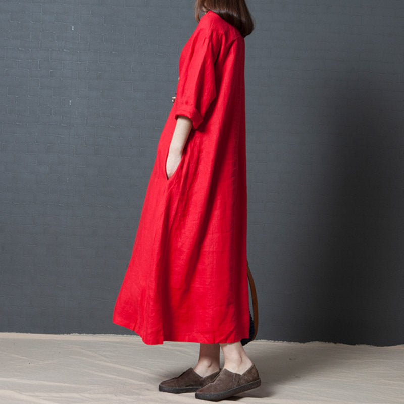 Vintage Linen Long Sleeves Dresses-Dresses-Red-M-Free Shipping Leatheretro