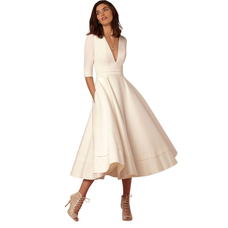Sexy V Neck Half Sleeves Midi Dresses-Midi Dresses-White-S-Free Shipping Leatheretro
