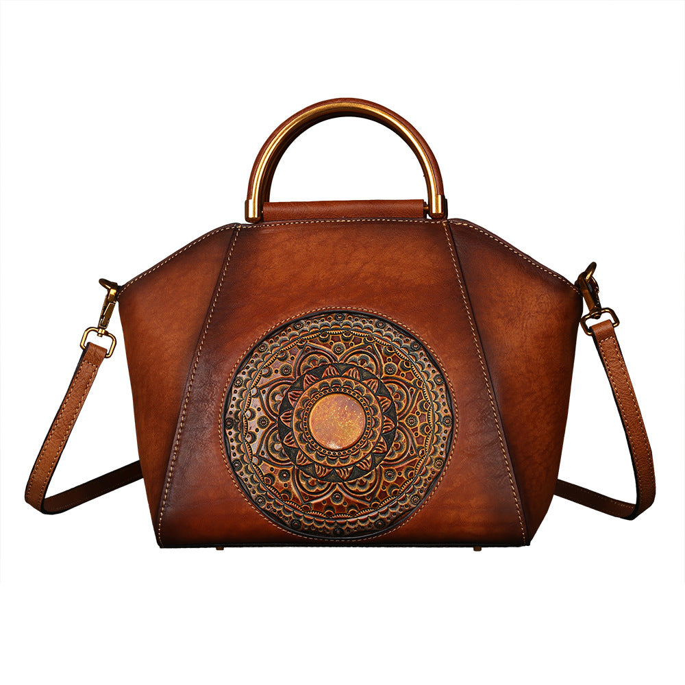 Vintage Totem Embossing Women Leather Tote Handbags 1156-Leather Bags for Women-Brown-Free Shipping Leatheretro