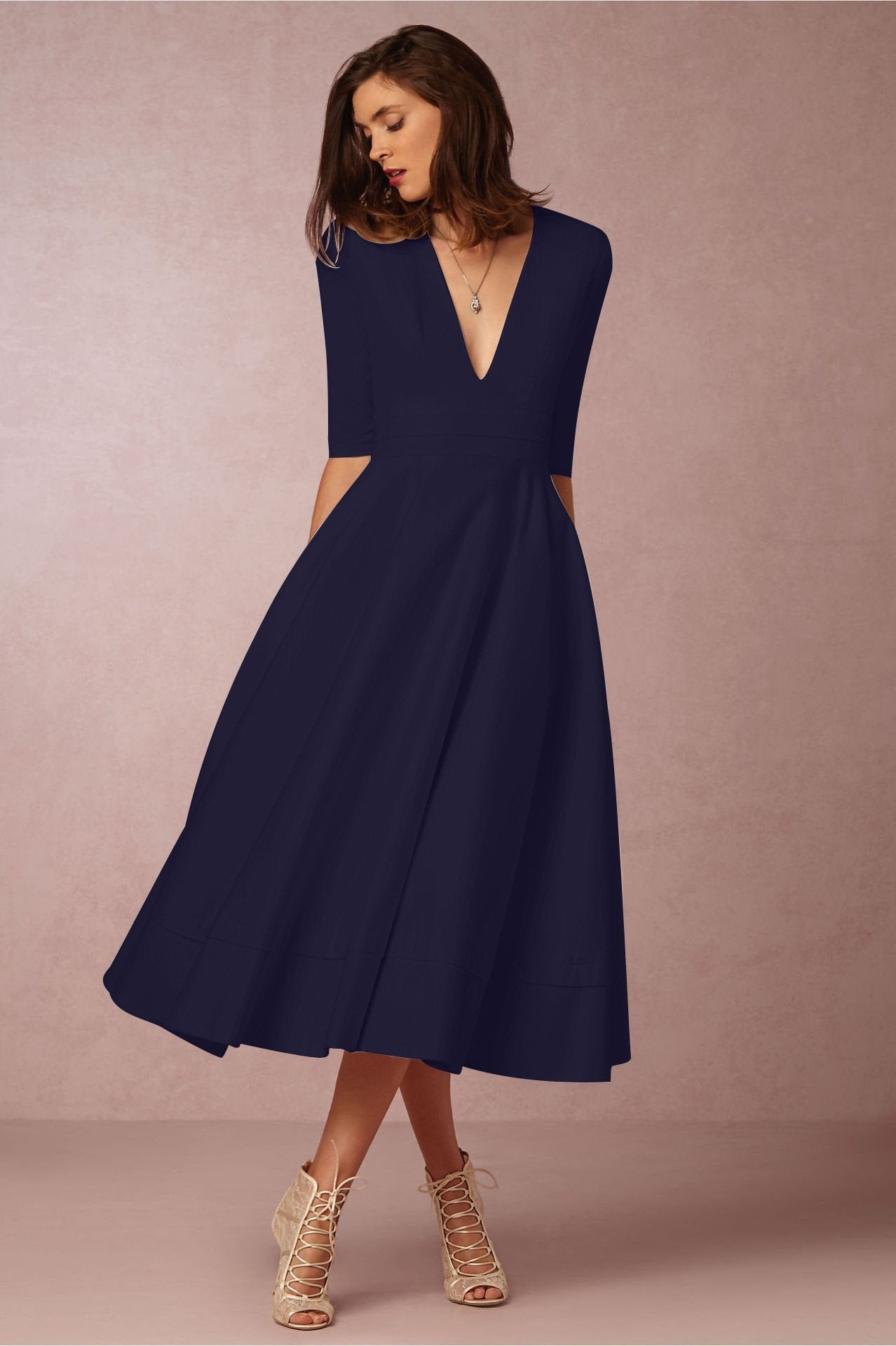 Sexy V Neck Half Sleeves Midi Dresses-Midi Dresses-Dark Blue-S-Free Shipping Leatheretro