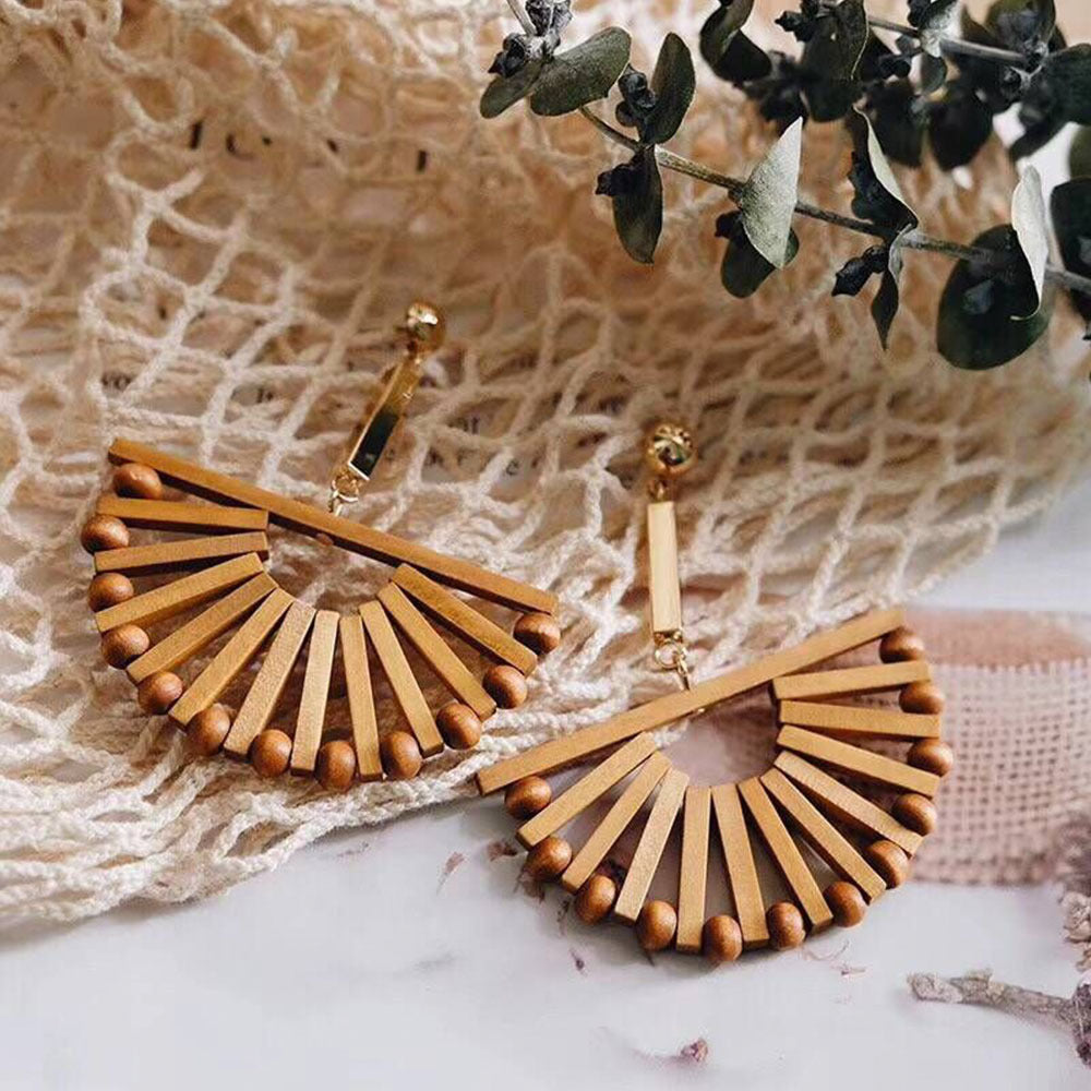 Vintage Fan Shaped Wooden Holiday Casual Earrings for Women-Earrings-Brown-Free Shipping Leatheretro