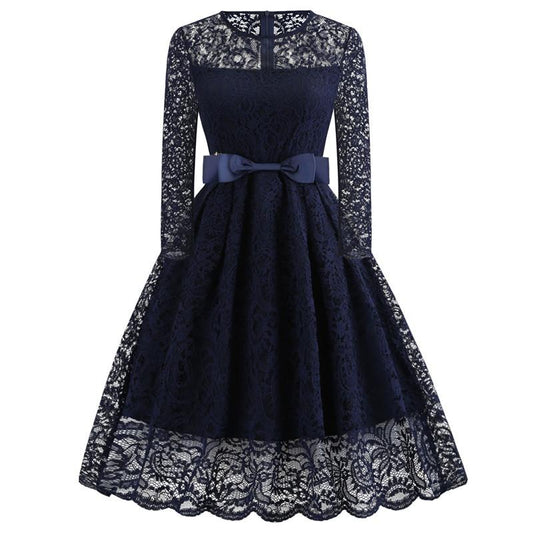 Vintage Lace Long Sleeves Lace Dresses-Vintage Dresses-Dark Blue-S-Free Shipping Leatheretro