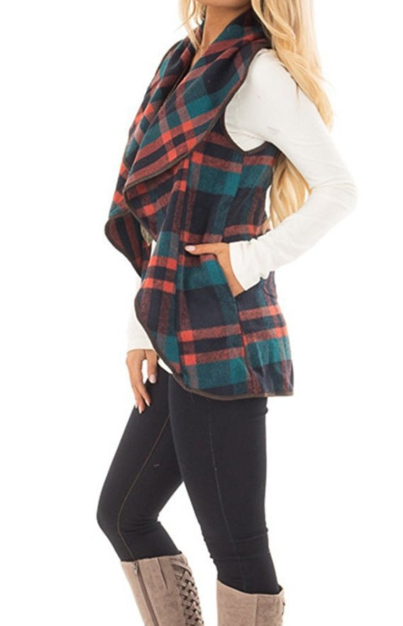 Women Plaid Pocket Cardigan Vest Coat-Shirts & Tops-Green-S-Free Shipping Leatheretro
