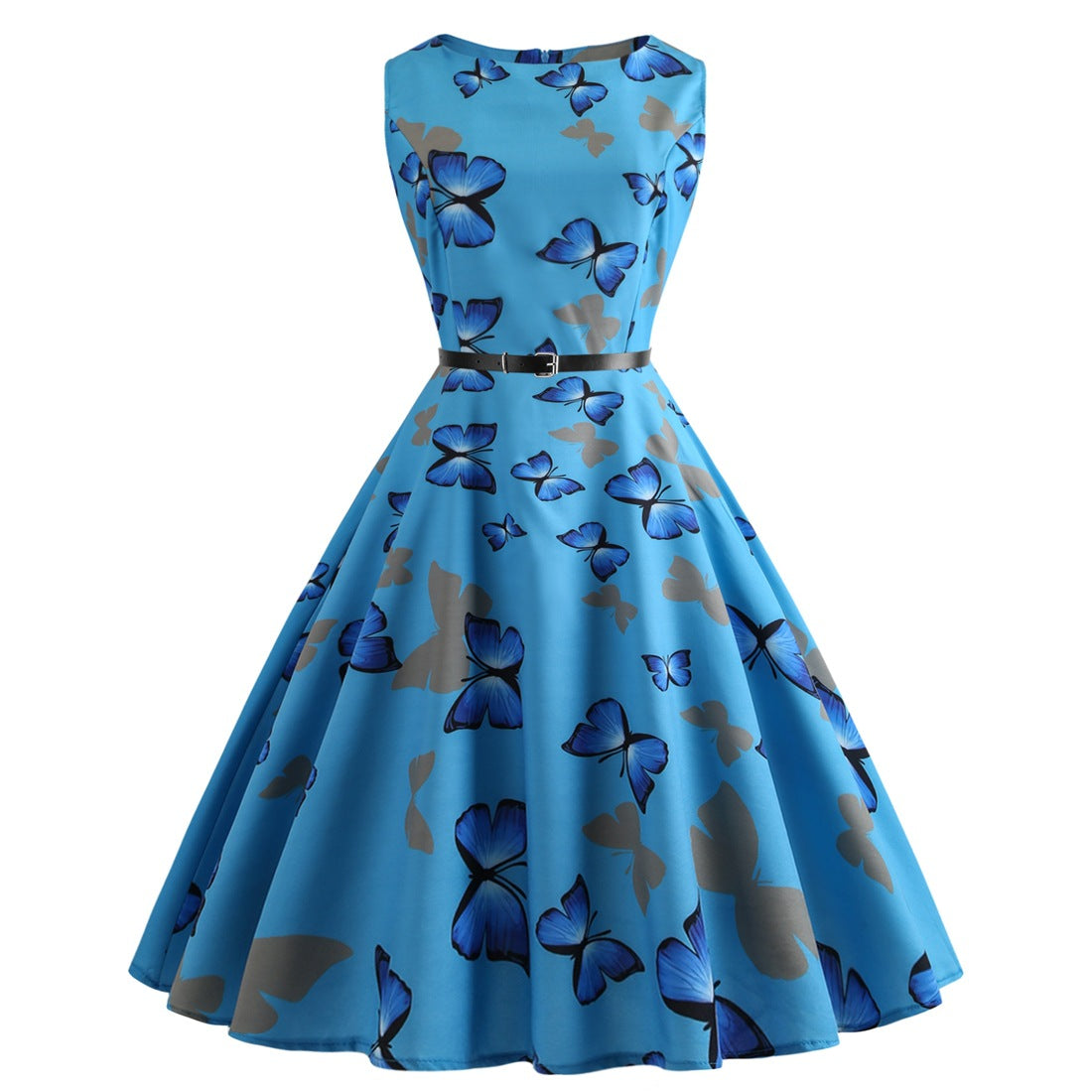 Vintage Sleeveless Butterfly Print Short Dresses-Dresses-Blue-S-Free Shipping Leatheretro