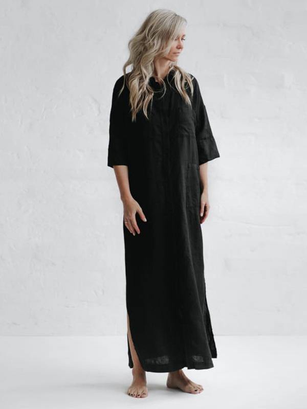 Simple Split-Side Lapel Long Shirt Dress-Maxi Dress-BLACK-S-Free Shipping Leatheretro