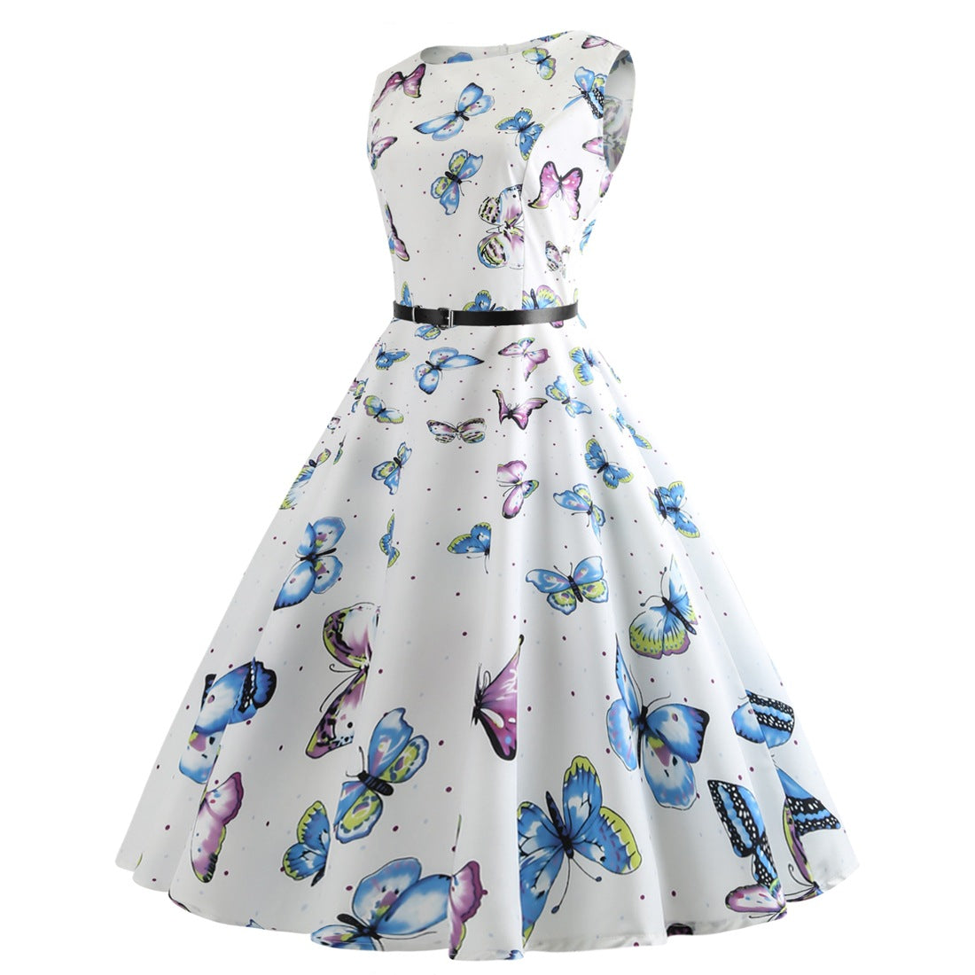 Vintage Sleeveless Butterfly Print Short Dresses-Dresses-White-S-Free Shipping Leatheretro