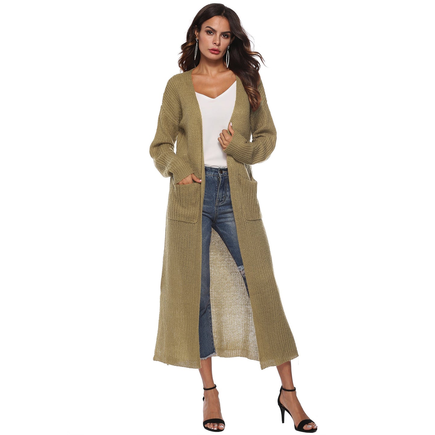 Casual Women Knitting Cardigan Overcoat with Pocket-Outerwear-Khaki-S-Free Shipping Leatheretro