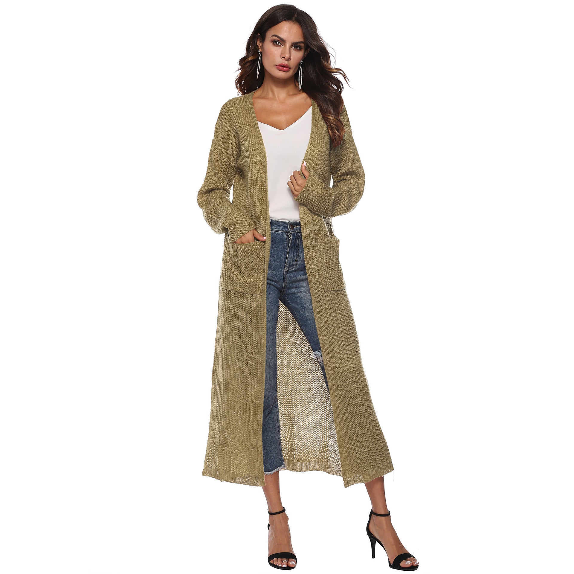 Casual Long Knitted Cardigan Thin Outerwear-Outerwear-Khaki-S-Free Shipping Leatheretro