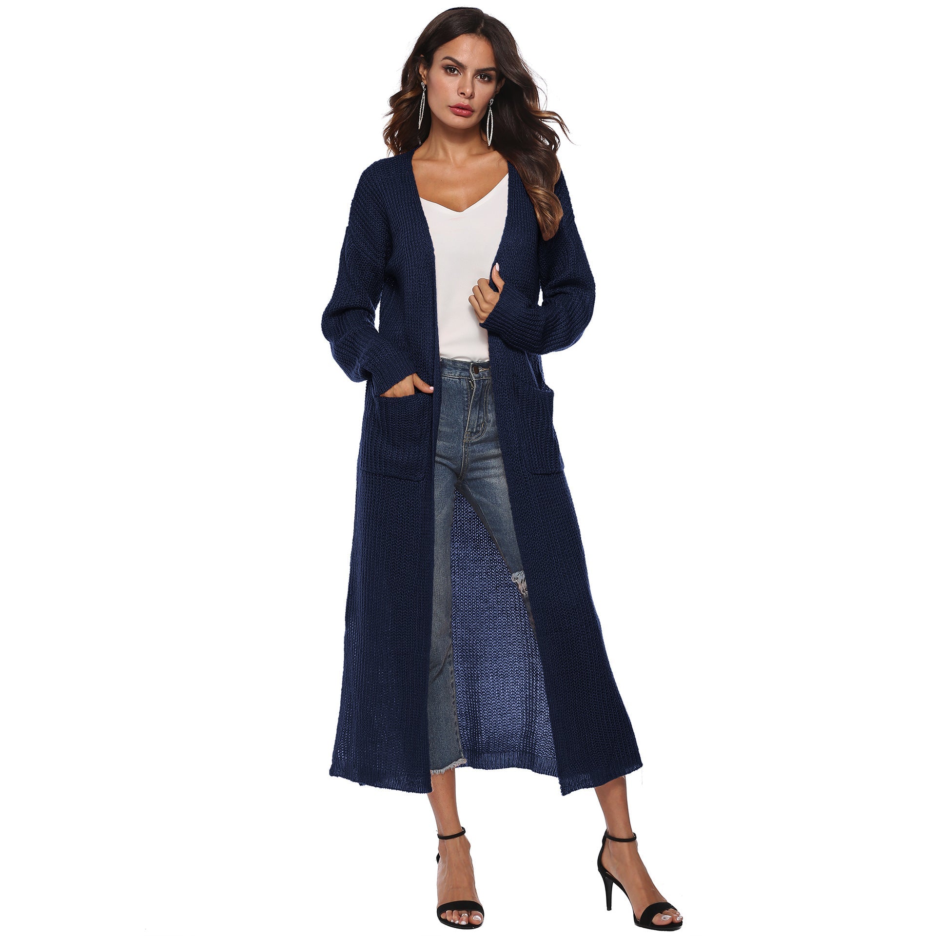 Casual Women Knitting Cardigan Overcoat with Pocket-Outerwear-Navy Blue-S-Free Shipping Leatheretro