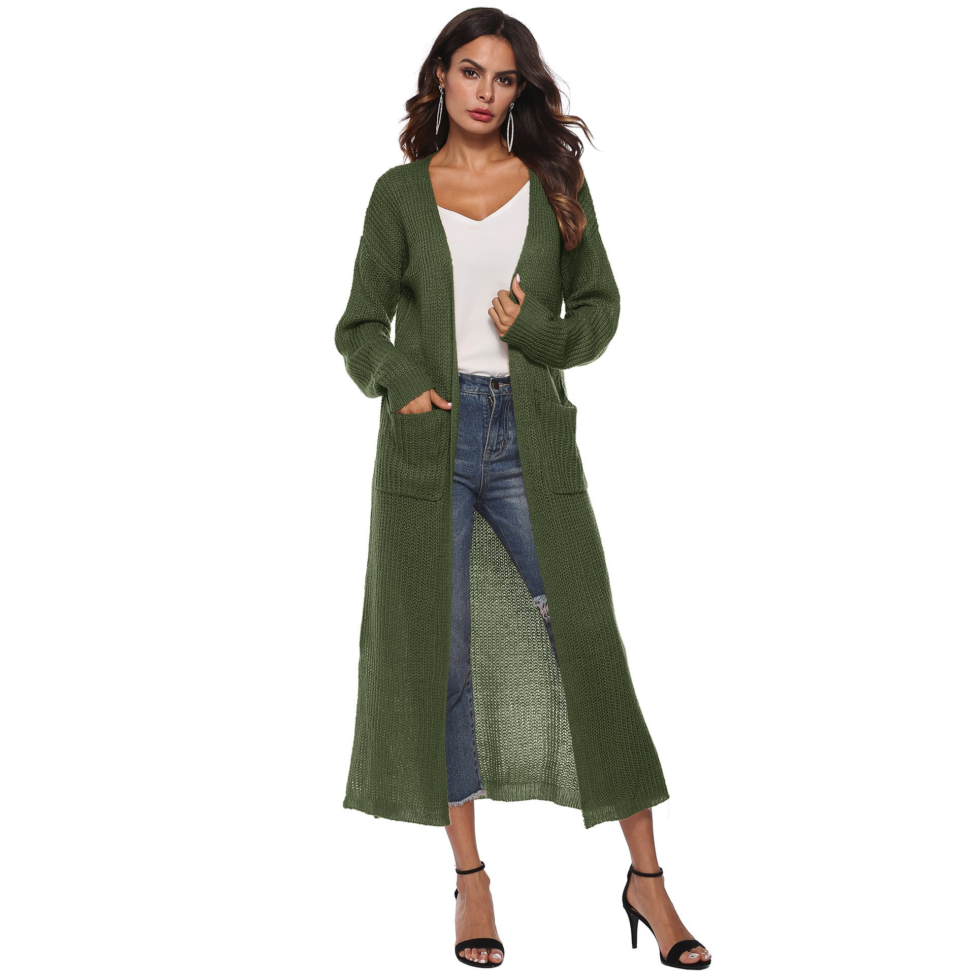 Casual Women Knitting Cardigan Overcoat with Pocket-Outerwear-Army Green-S-Free Shipping Leatheretro