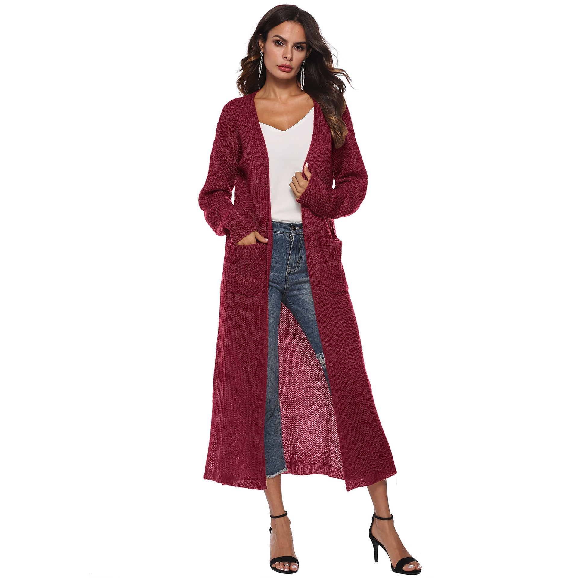 Casual Women Knitting Cardigan Overcoat with Pocket-Outerwear-Wine Red-S-Free Shipping Leatheretro