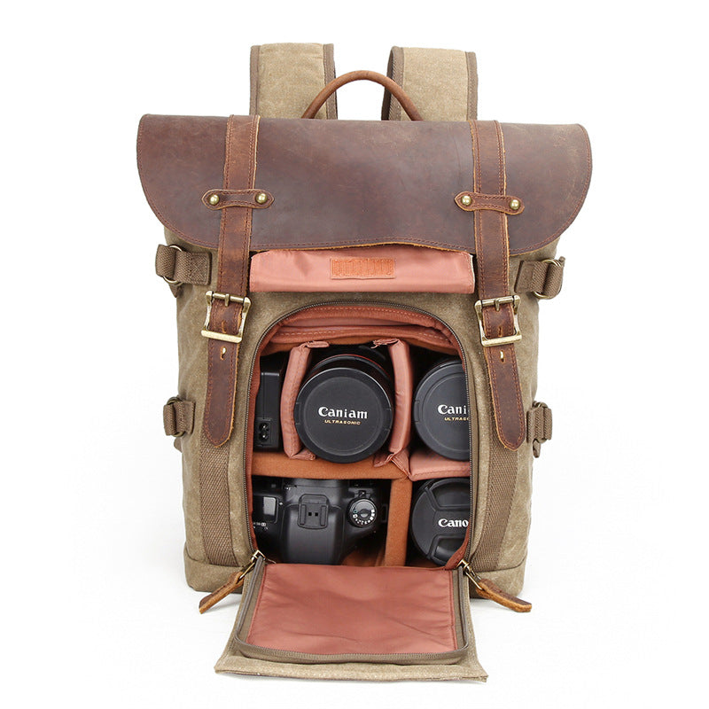 Vintage Waxed Canvas Leather SLR Camera Backpack 3033-Canvas camera backpack-Khaki-Free Shipping Leatheretro