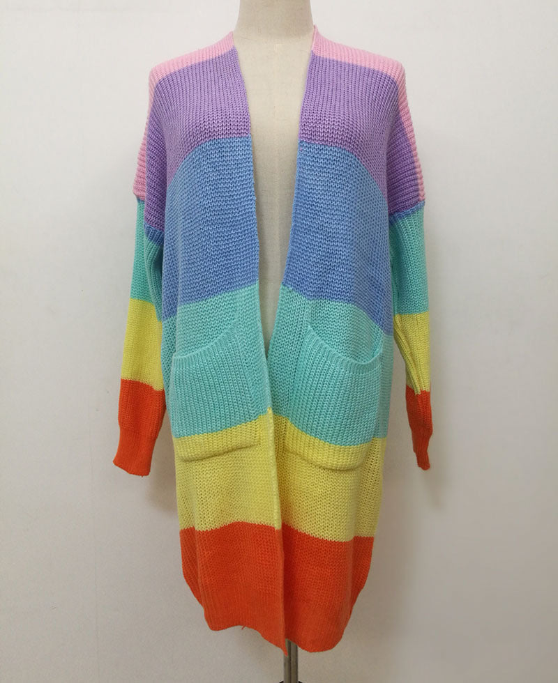 Women Rainbow Color Knitting Cardigan Sweaters-Shirts & Tops-Rainbow-S-Free Shipping Leatheretro