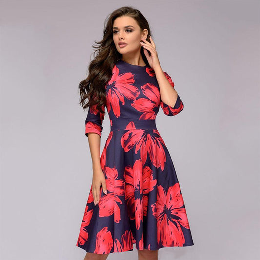 Elegant Women Round Neck Vintage Fall Dresses-Red-S-Free Shipping Leatheretro