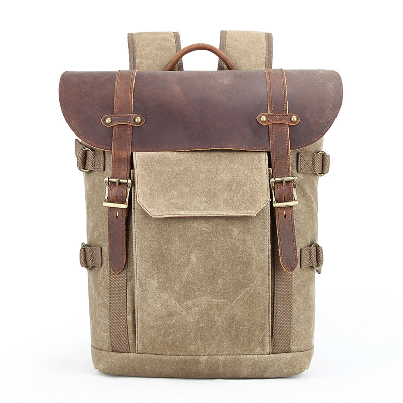 Vintage Waxed Canvas Leather SLR Camera Backpack 3033-Canvas camera backpack-Khaki-Free Shipping Leatheretro