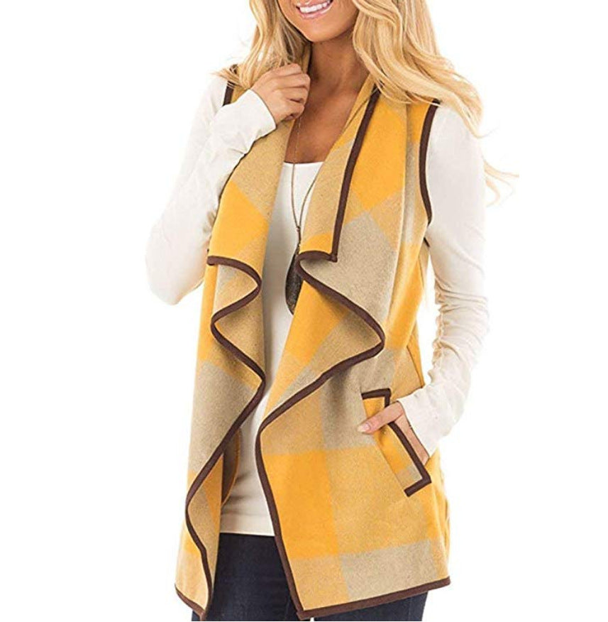 Women Plaid Pocket Cardigan Vest Coat-Shirts & Tops-Yellow-S-Free Shipping Leatheretro