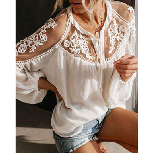 Women Chiffon Loose Long Sleeves T Shirts-Shirts-White-S-Free Shipping Leatheretro