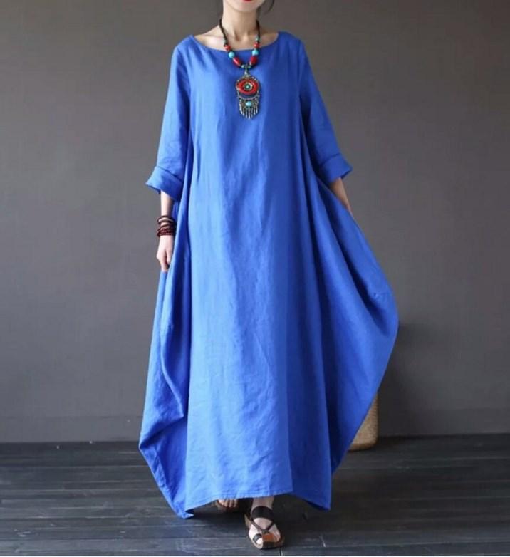 Plus Size Loose Linen Long Cozy Dresses-Cozy Dresses-Blue-L-Free Shipping Leatheretro