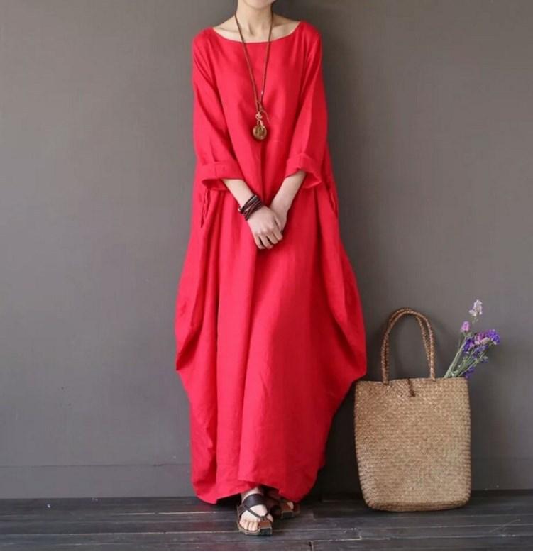 Plus Size Loose Linen Long Cozy Dresses-Cozy Dresses-Red-L-Free Shipping Leatheretro