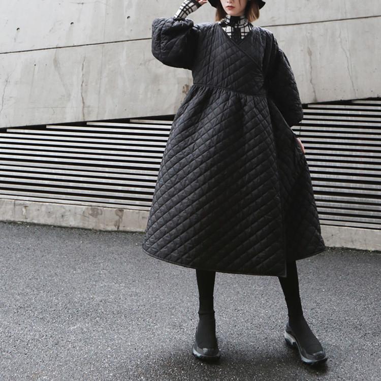 Black Women Puff Sleeves Rhombus Oversize Warm Winter Overcoat-Women Overcoat-Black-S-Free Shipping Leatheretro
