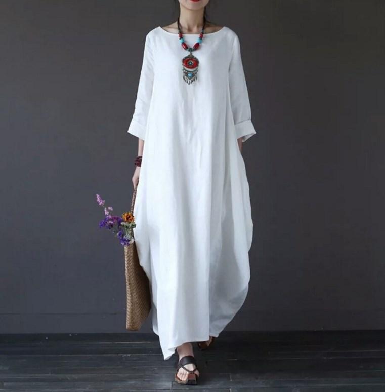 Plus Size Loose Linen Long Cozy Dresses-Cozy Dresses-White-L-Free Shipping Leatheretro
