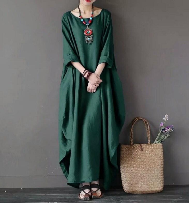 Plus Size Loose Linen Long Cozy Dresses-Cozy Dresses-Green-L-Free Shipping Leatheretro