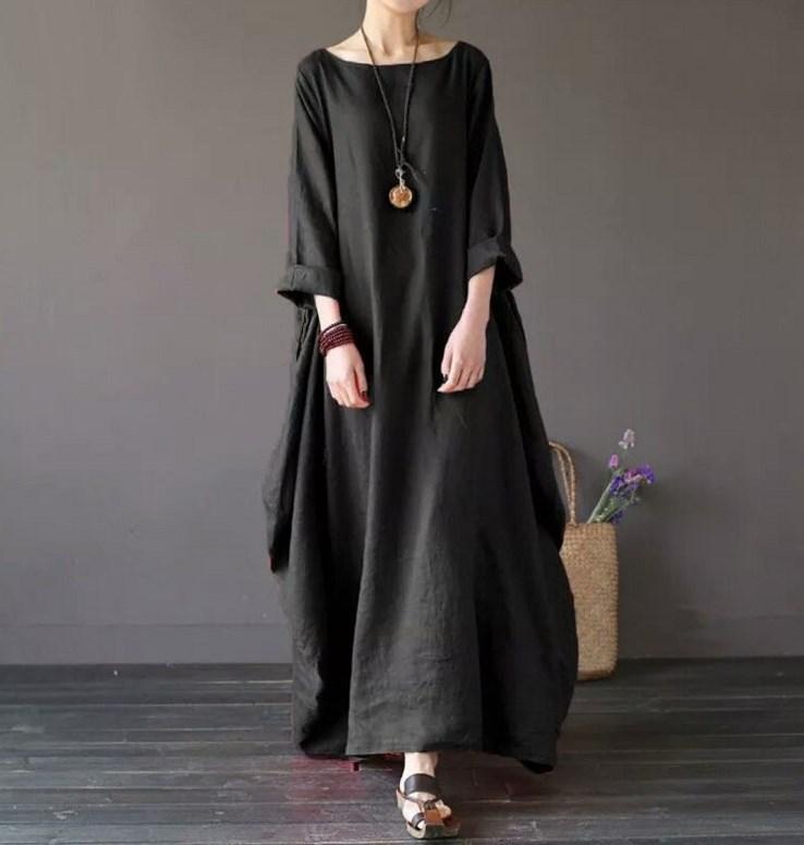 Plus Size Loose Linen Long Cozy Dresses-Cozy Dresses-Black-L-Free Shipping Leatheretro