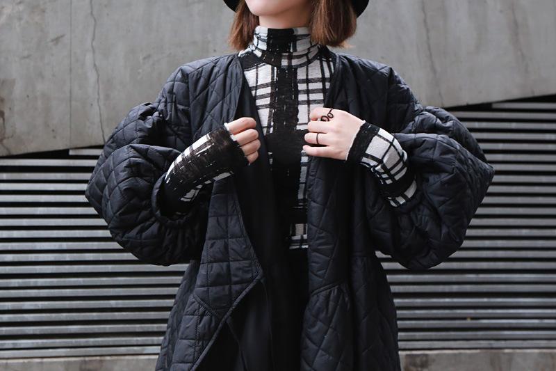 Black Women Puff Sleeves Rhombus Oversize Warm Winter Overcoat-Women Overcoat-Black-S-Free Shipping Leatheretro