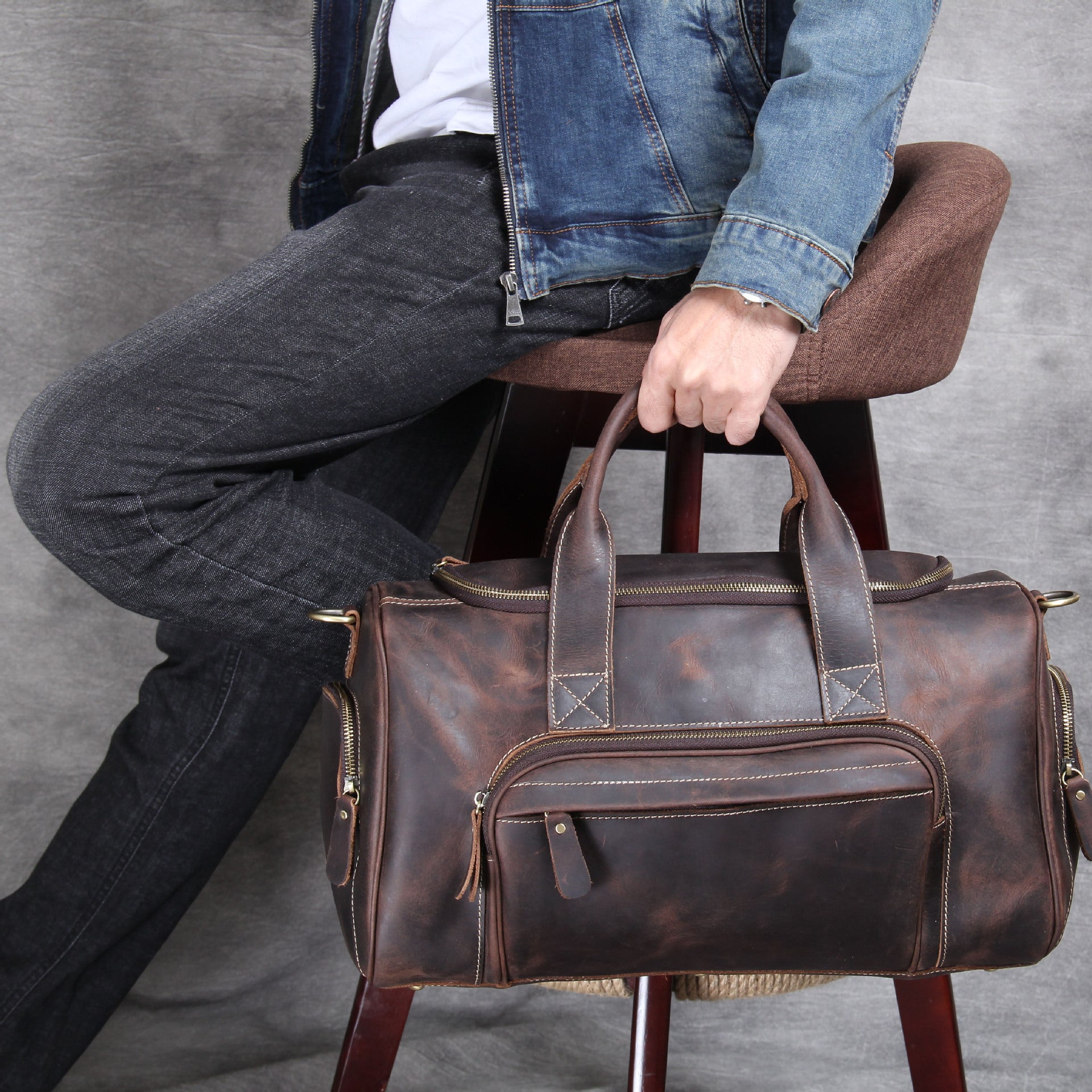 Handmade Vintage Leather Weekend Traveling Bags 1901-Leather Duffle Bag-Dark Brown-Free Shipping Leatheretro