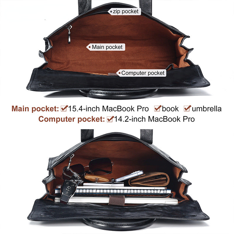 Vege Tanned Black Leather Handbag for Men 6690-Briefcases-Black-Free Shipping Leatheretro
