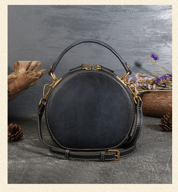 Vintage Cowhide Leather Round Shape Women Handbags 6222-Handbags-Yellow-Free Shipping Leatheretro