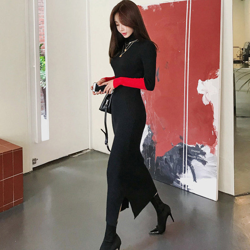Sexy High Neck Knitted Elastic Long Dresses-Dresses-Black-One Size-Free Shipping Leatheretro