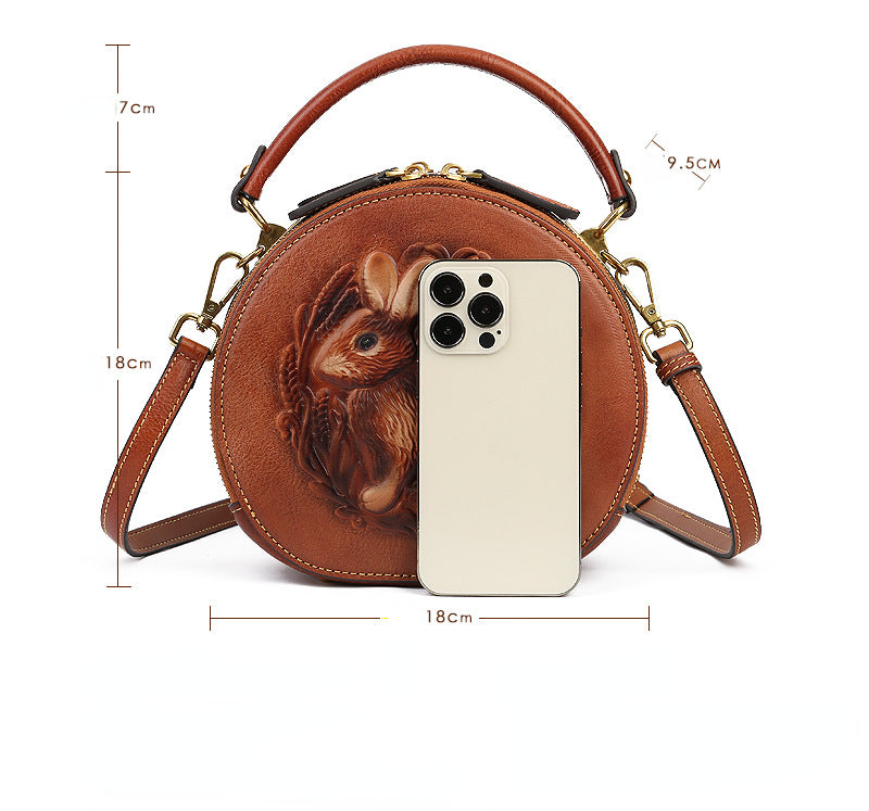 Vintage Embossing Rabbit Round Shape Shoulder Handbags 6223-Handbags-Green-Free Shipping Leatheretro