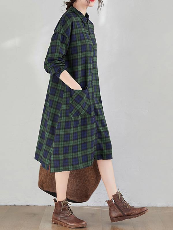 Original Plaid Lapel Shirt Dress-Cozy Dresses-GREEN PLAID-M-Free Shipping Leatheretro